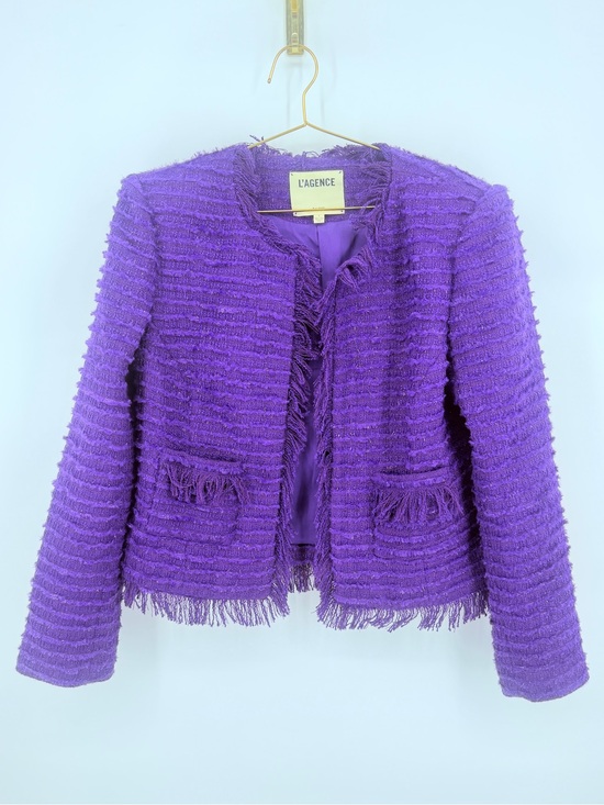 Jackets & Blazers - L’Agence Purple Tweed Fringe Jacket Blazer Wool Blend Womens Size 8 Open Front